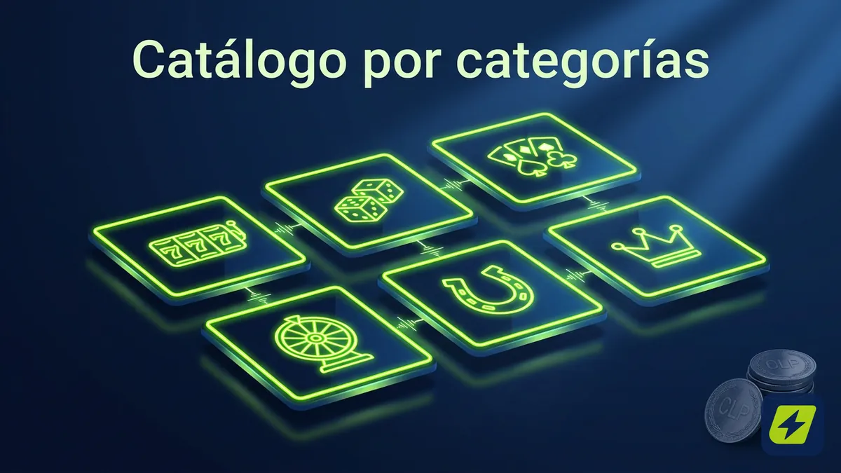 Catálogo de categorías de tragamonedas de JugaBet mostrado como tarjetas iluminadas en lima sobre fondo azul marino