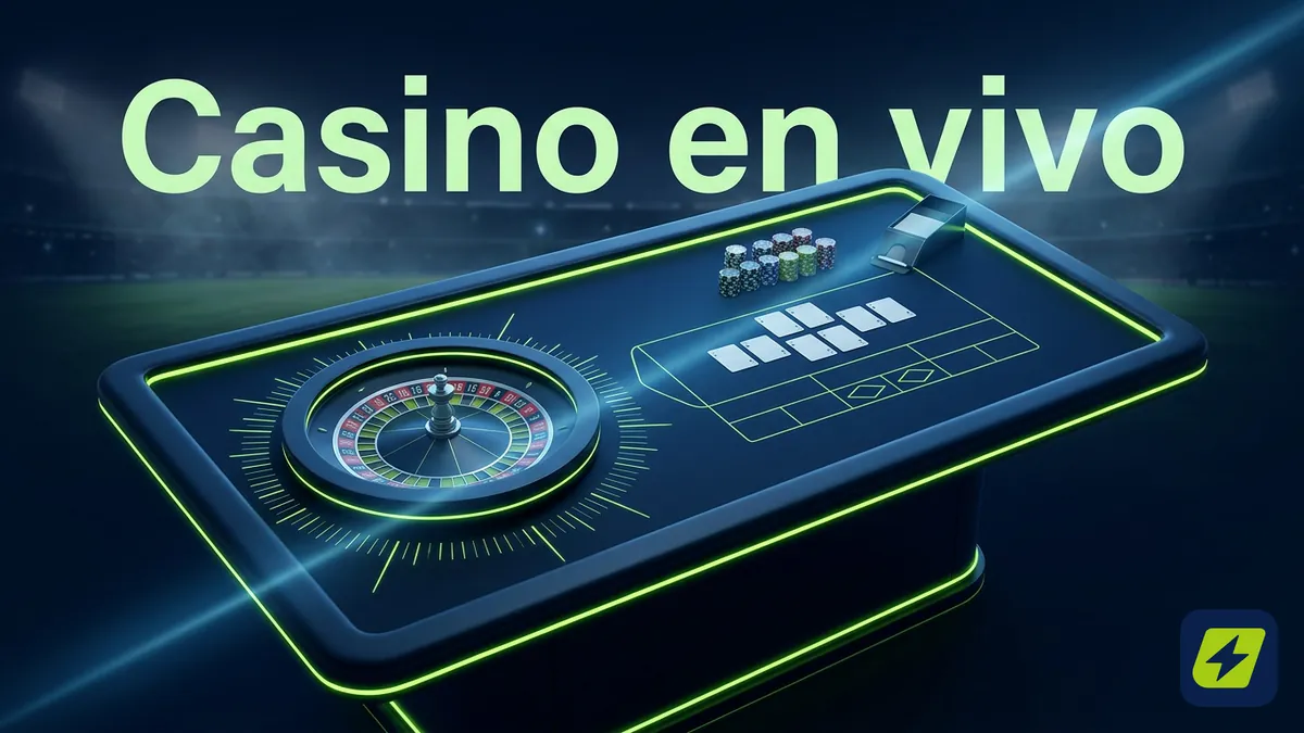 Mesa de casino en vivo de JugaBet con ruleta, cartas y fichas iluminadas en lima sobre fondo azul marino