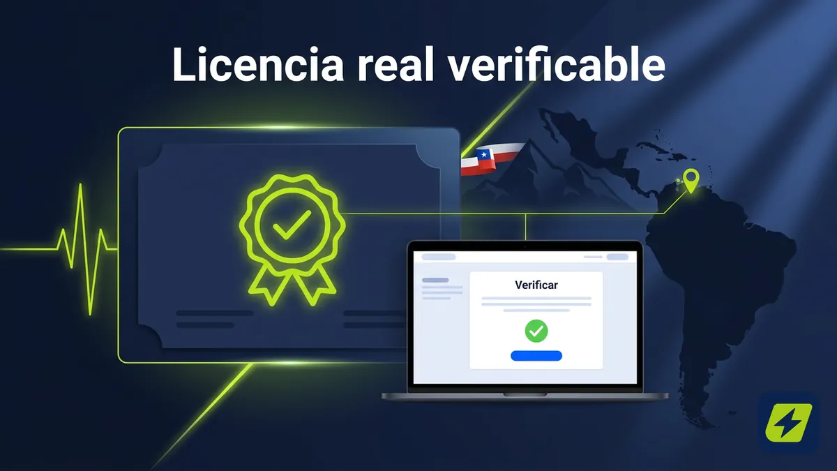Sello de licencia verificado en pantalla junto a mapa y bandera chilena, ilustrando cómo comprobar la licencia real de Jugabet