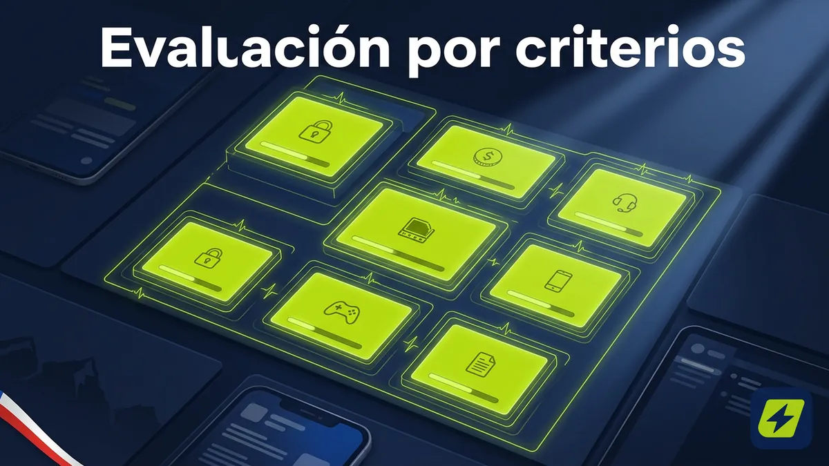 Cuadrícula de tarjetas con puntajes representando la evaluación de Jugabet por criterios, con acento de Los Andes y bandera chilena