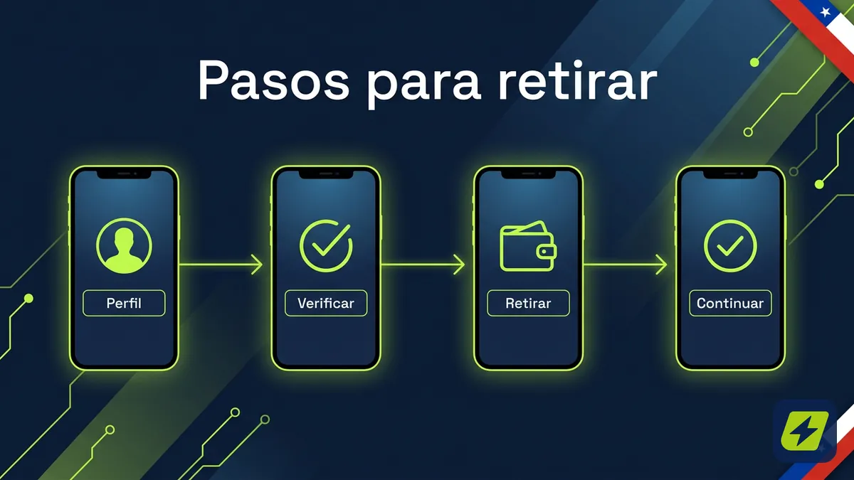 Secuencia de pasos para retirar dinero en JugaBet: perfil, verificar, elegir método y confirmar, con acento lima y bandera chilena
